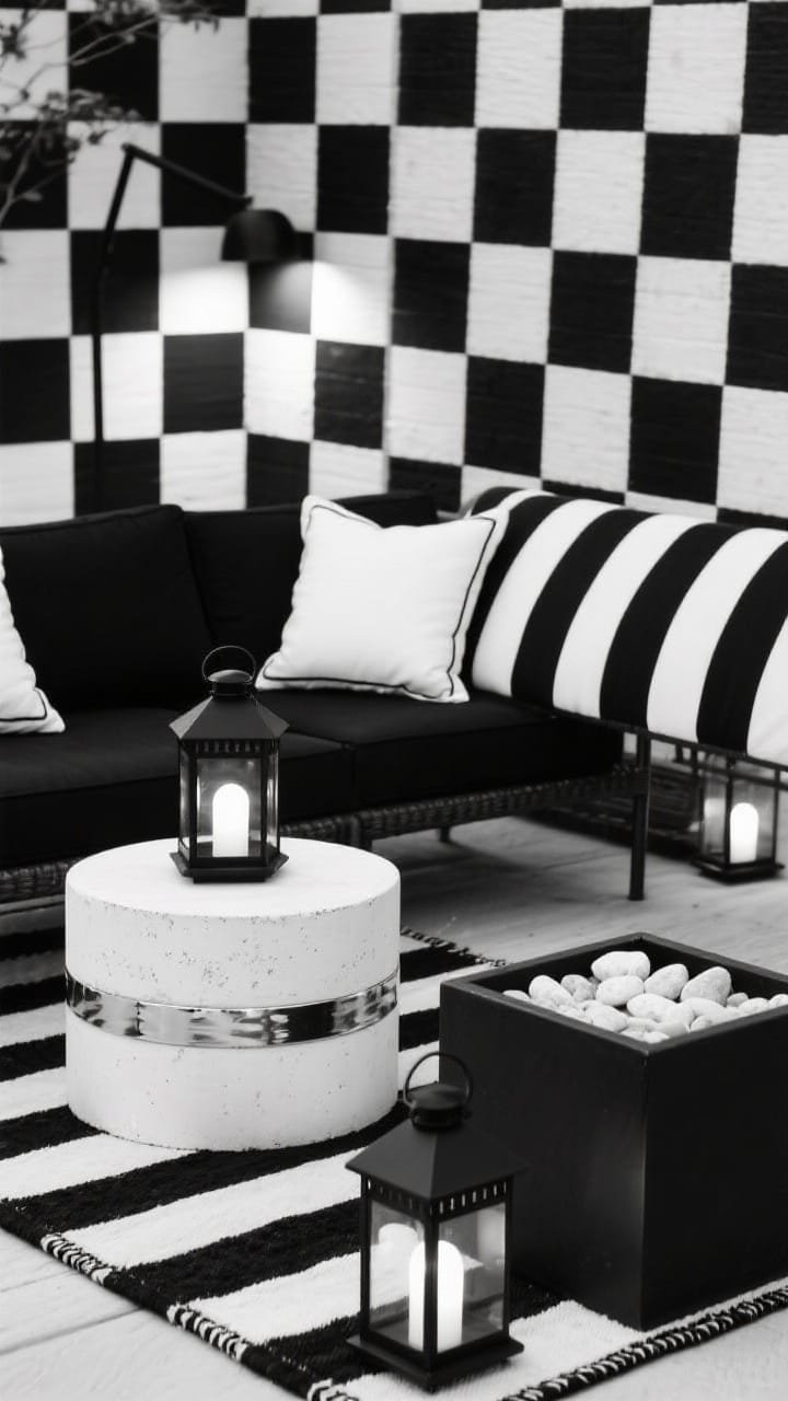 Detail closeup, Monochrome Black & White Patio: Graphic composition of checkerboard outdoor pillows and white-piped cushions on a matte black aluminum sofa; striped black-and-white rug edge visible beneath; glossy black lanterns reflecting light; a white concrete drum table with chrome-accented accessory; black cube planter topped with white stones for a crisp finish; smart outdoor bulbs creating dimmable, cool-toned evening glow; high-contrast, straight-on detail shot highlighting patterns and textures.