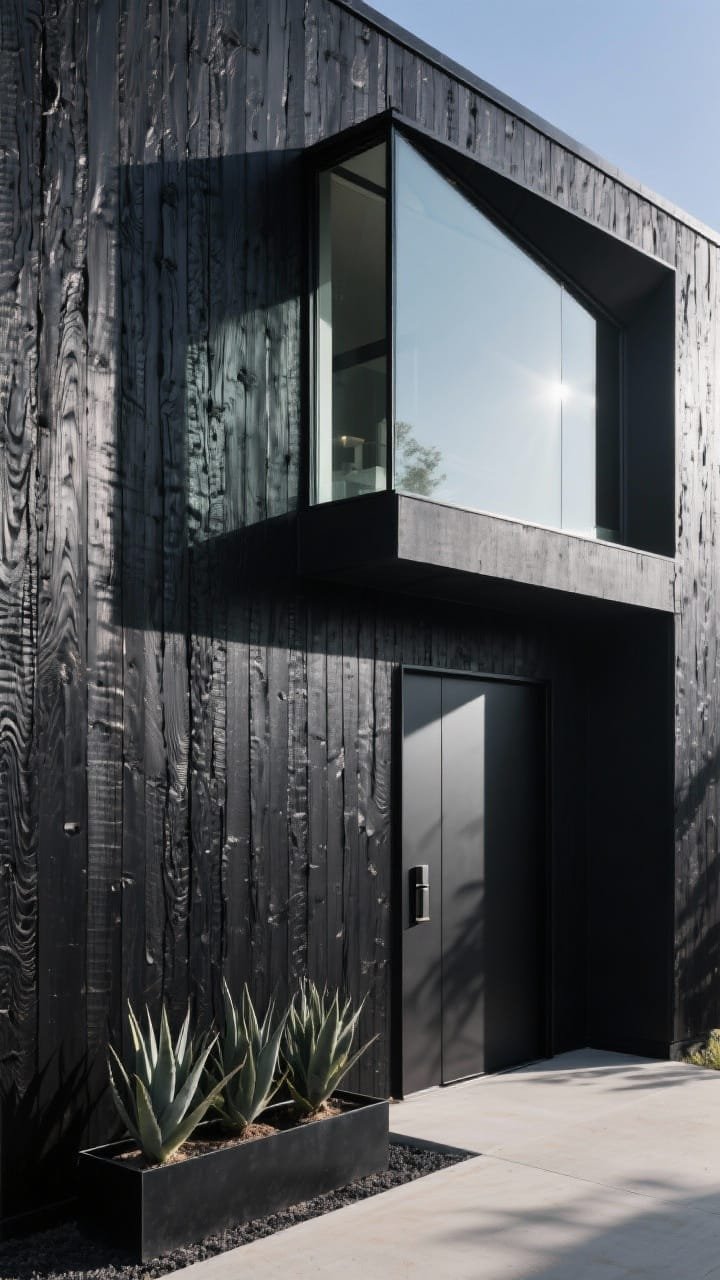 Detail closeup of a monolithic black façade: smooth vertical shou sugi ban (charred wood) with UV topcoat, showing rich texture; an asymmetrical window cutout with frameless corner glass dissolving the edge; deep shadowbox entry recess with concealed handle and flush door; sharp sunlight casting dramatic geometric shadows; a hint of black steel planters with architectural agave at the base; hyper-photorealistic, high-contrast.
