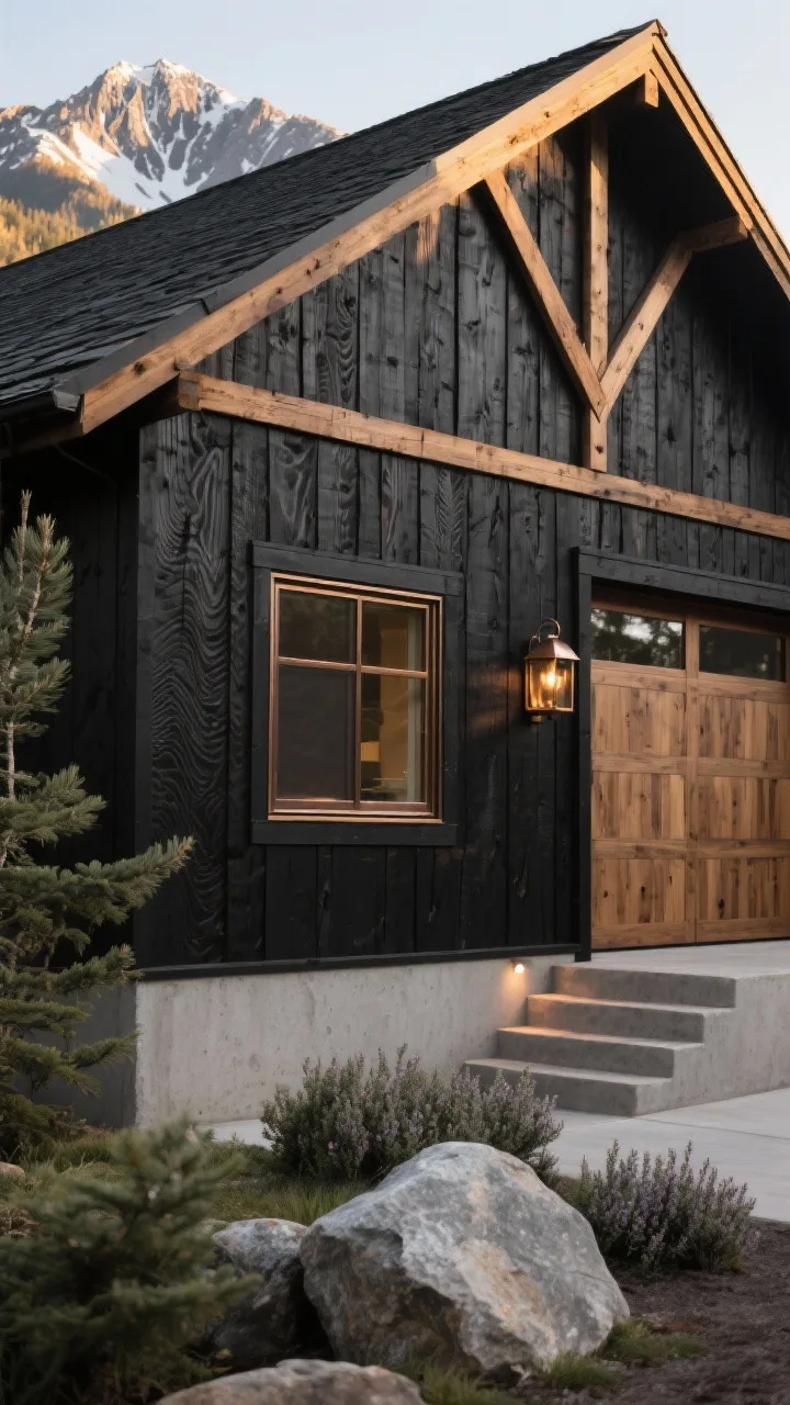Detail closeup of the Mountain lodge barn gable at golden hour: black-stained rough-sawn siding with pronounced grain, exposed timber X-braces crossing the gable, and a board-formed concrete foundation showing wood grain texture; deep-set bronze-clad window with chunky profiles and a slim window band from the garage door in the background; warm hammered bronze lantern casting soft light along steps with subtle step lights; foreground hints of native evergreens, boulders, and creeping thyme; palette of coal black, warm oak, and smoky concrete; crisp alpine atmosphere.