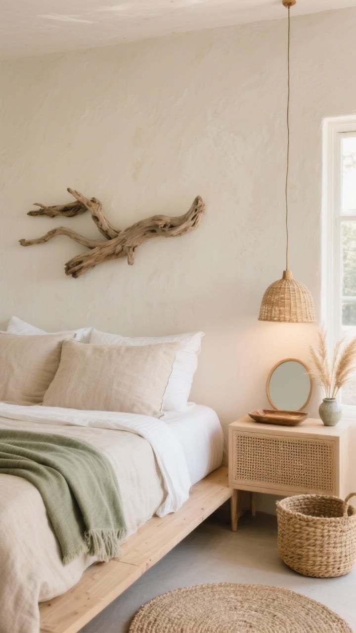 Detail closeup, slightly angled: A chalky limewash wall in a warm putty tone with a sculptural driftwood art piece mounted above a light wood platform bed. In frame: oatmeal linen duvet, soft white sheets, and a neatly folded sage throw adding a subtle color whisper. A rattan pendant lamp glows warmly overhead; edge of a cane-front nightstand with a ceramic tray and dried pampas stems visible. Seagrass basket on the floor and a round jute mirror catching natural light in the background. Palette: putty, oatmeal, soft white, sage, weathered wood. Breezy, grounded, coastal-earthy feel. Photorealistic.