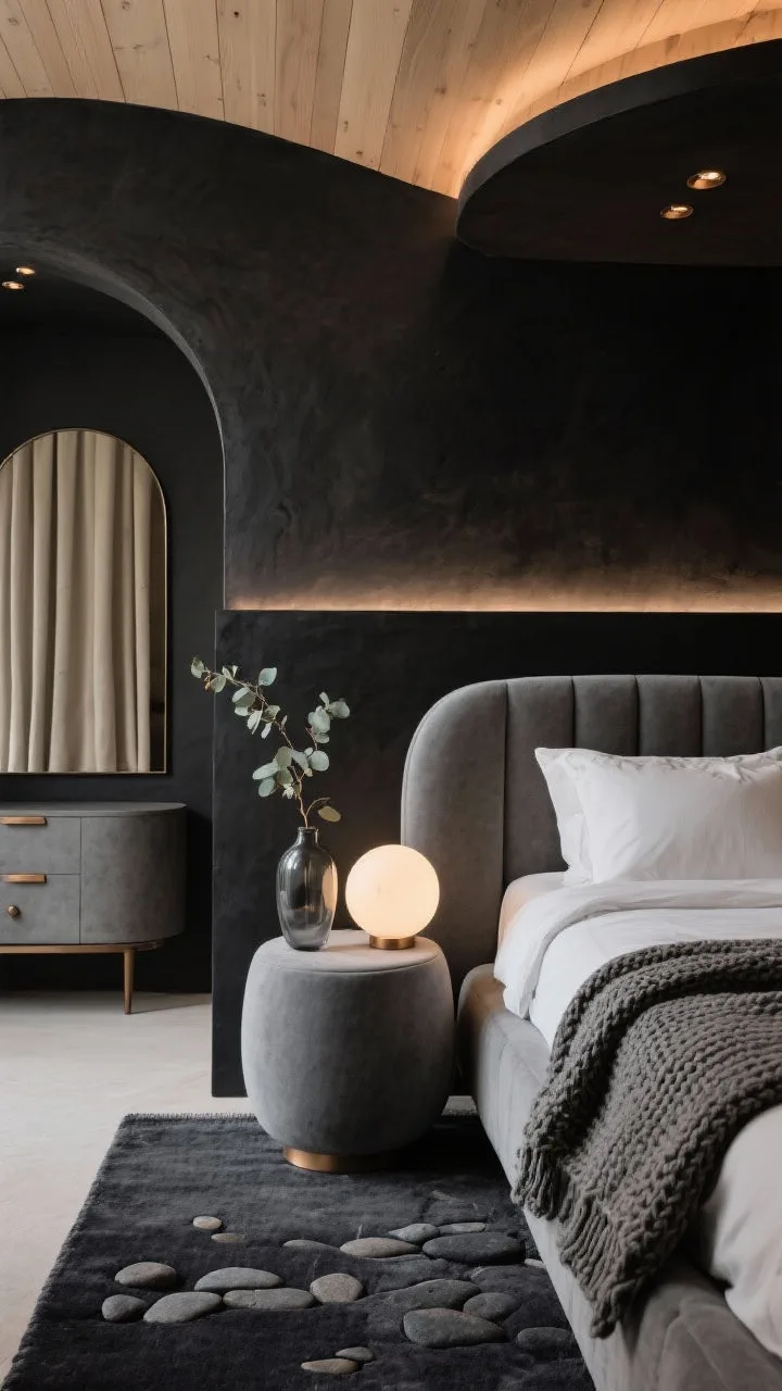 Detail closeup, slightly overhead perspective: A soft black microcement wall meets a rounded-edge upholstered bed in pebble gray on a plush charcoal rug. Focus on curving silhouettes: pill-shaped nightstand with an orb table lamp glowing warmly, and the edge of an arched, frameless mirror reflecting warm greige wood slat ceiling. Subtle dimmable cove lighting glows behind the headboard, with tiny recessed pin spots overhead. Finishes include brushed bronze pulls on a rounded-edge dresser in the background and linen blackout drapes partially visible. Styling details: a single eucalyptus branch in a smoky glass vase and a chunky knit throw draped at the bed’s edge. Palette: soft black, pebble gray, warm greige, muted bronze. Photorealistic, cocoon-like and tender.