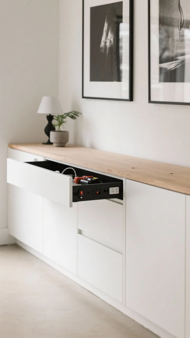 Detail closeup, straight-on crop of “The Minimalist Gallery Garage”: focus on flat-front, handleless soft white cabinetry with seamless lines; a narrow pale oak console beneath a single floating shelf displaying a small plant and a sculptural lamp; pale sand epoxy floor softly glowing; touches of matte black accents; a drawer slightly open revealing hidden charging with built-in outlets for batteries and power tools. Two large black-and-white prints in slim frames just entering frame edge. Airy, calm, gallery-like lighting; no people.