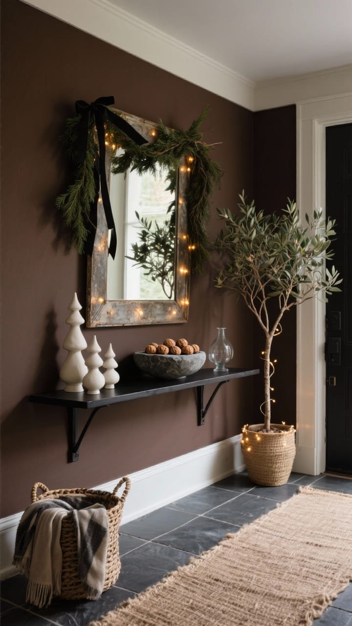 Detail/medium entry vignette from a corner angle: A dramatic entryway with an espresso brown wall behind a narrow black console, topped by a large antiqued mirror that reflects tiny warm fairy lights. Console styling includes a stone bowl of walnuts, clustered ecru ceramic trees, and a small olive tree in a jute planter. A foraged cedar garland drapes over the mirror with thin black ribbon tails. On the floor, a jute runner layered over dark slate tile with a woven basket of scarves; a minimalist stick tree in a crock strung with tiny warm fairy lights. Palette of espresso, ecru, slate, olive, black; textures of jute, stone, ceramic, glass; moody, uncluttered, softly lit; no people; photorealistic.