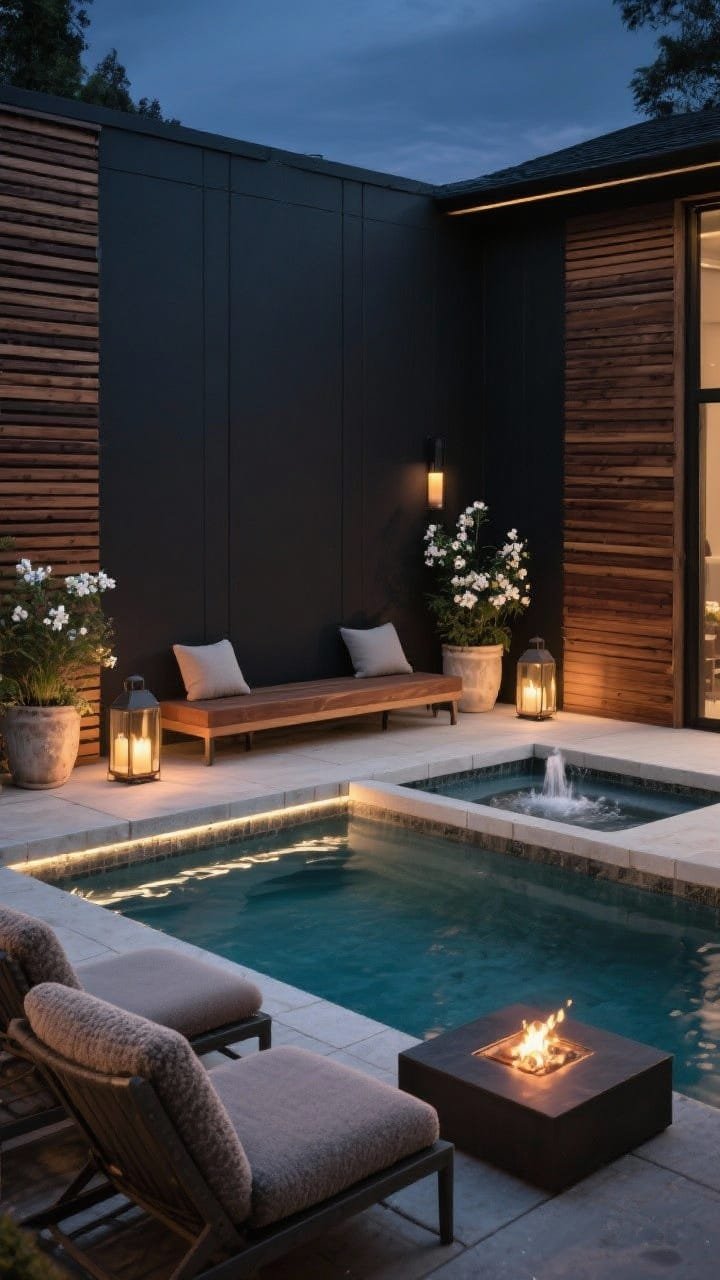 Detail-oriented medium-wide at dusk/night: Nighttime spa escape with modern slatted cedar privacy walls on two sides, the pool exterior painted deep charcoal. A narrow perimeter ledge topped with smooth stone tiles creates a luxe edge. Layered lighting: LED strip lights under the coping, subtle up-lights behind planters, and candle-style lanterns along a bench. A small hot-tub-style corner with a bubbling fountain or simple spillway adds movement. Seating includes deep lounge chairs with weatherproof boucle cushions and a low fire table placed safely away. Palette of charcoal, walnut, and soft ivory, with potted jasmine or night-blooming flowers adding aromatics. No people, photorealistic.
