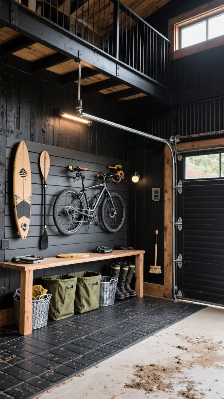 Detail/overhead composite-style shot focused on the adventure gear zone inside a black-stained pine barn garage: graphite slatwall system neatly holding bikes, boards, and paddles; rubber-tile floor with a few specks of dried mud for realism; olive canvas bins and galvanized baskets organized below; a black metal mezzanine edge visible above; a task-light rail illuminating a tuning bench; motion-sensing LEDs subtly glowing; exterior hint through the opening of a ribbed black steel roll-up door, with rugged steel corner guards and timber posts flanking the entry featuring integrated boot brushes; photorealistic, no people.