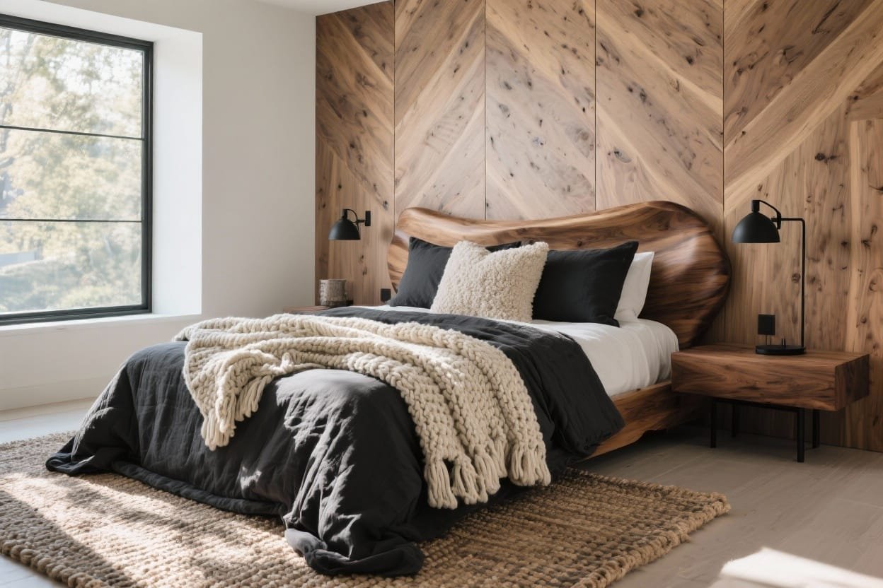 5 Textured Modern Bedrooms With Knits, Wood & Charcoal Layers