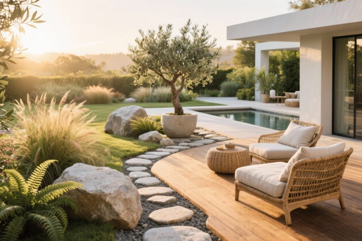 6 Organic Modern Garden Ideas With Stone, Wood & Greenery