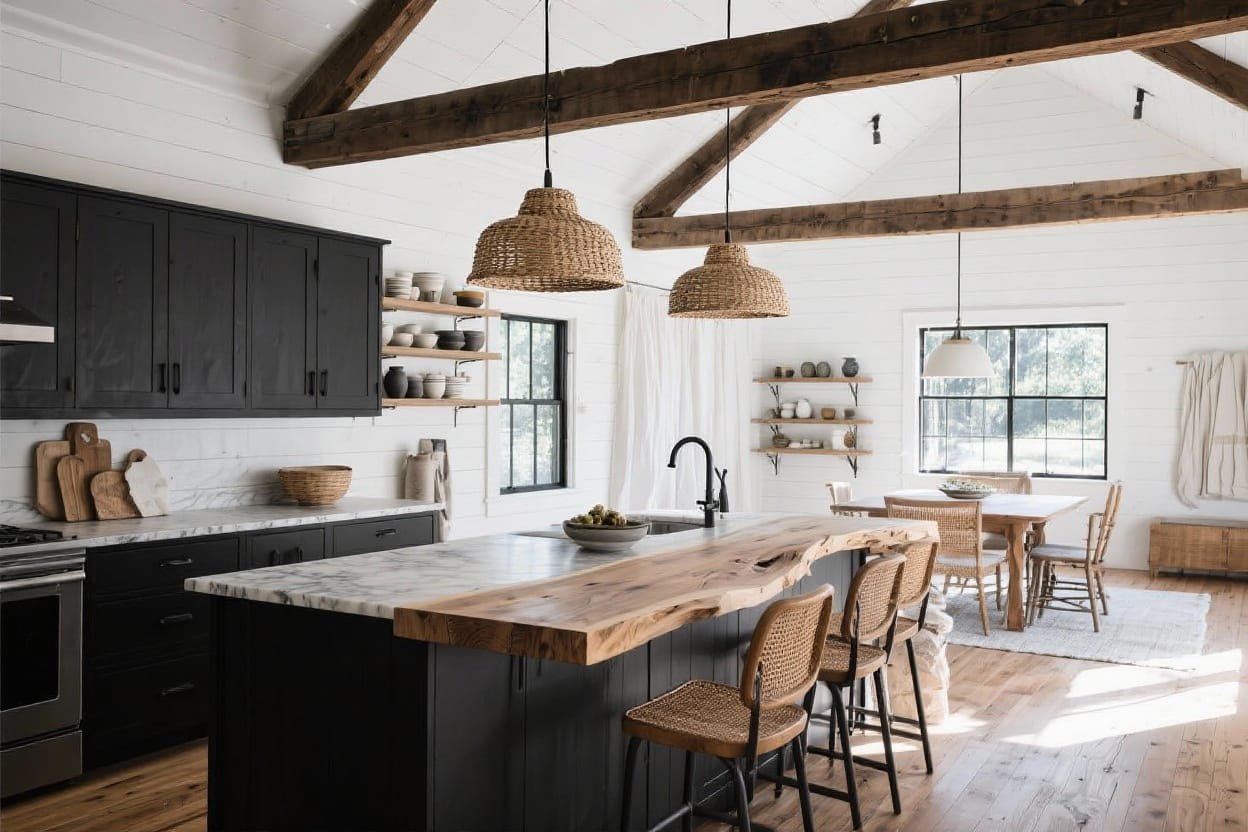 7 Black & White Modern Barn House Open-plan Kitchen Ideas You’ll Love