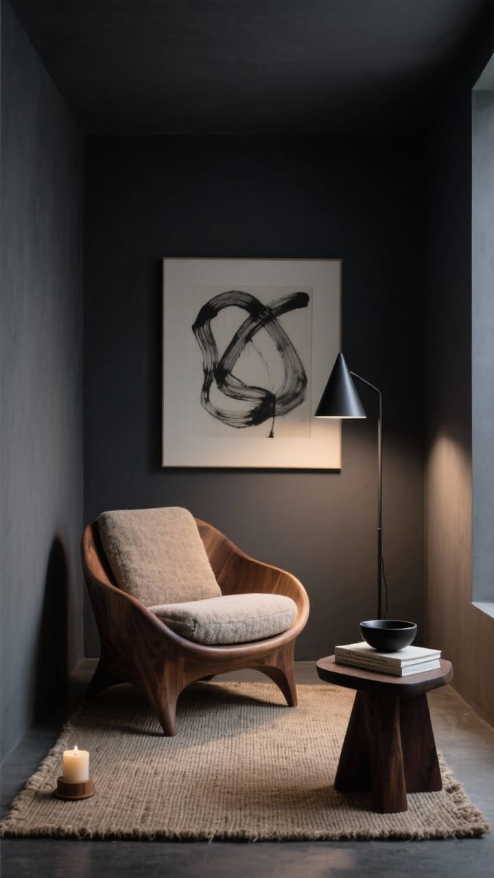 Medium alcove shot, photorealistic “Charcoal Cocoon With Sculptural Chair”: an alcove painted soft charcoal; centered sculptural oak lounge chair with wide seat, low profile, gently curved back; a warm stone bouclé cushion on the seat; underfoot a natural hemp flat-weave rug; to one side, a cone-shaded floor lamp in blackened steel providing focused reading light; a solid, chunky dark-wood side table with a black ceramic bowl and a small stack of linen-bound books; on the wall, one oversized abstract ink drawing; contrast play of dark walls, light textiles, mid-tone woods; subtle moody lighting as if near dusk; optional hint of a hinoki/cedar candle present (unlit) for atmosphere; no people, refined minimalism.