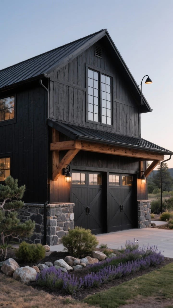 Medium, angled exterior shot of a Rustic-Modern board-and-batten barn house showing black board-and-batten siding paired with a charcoal ledgestone skirt wrapping the lower third; deep timber-frame porch with chunky stained beams and a black metal roof; tall, narrow black-pane grid windows; garage doors echoing the vertical batten lines; oversized matte-black gooseneck barn lights illuminated at dusk; landscaping with junipers, river rock, and drought-tolerant lavender borders; palette of carbon black, warm walnut, and charcoal stone.