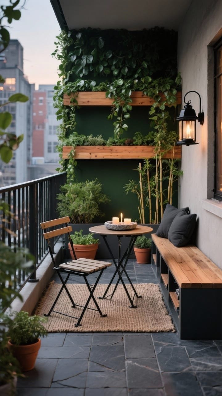 Medium closeup, straight-on to railing: Urban balcony oasis with slate interlocking tiles underfoot and slim cedar ledges mounted to the railing in three stepped heights forming a layered green wall. Trailing ivy cascades, compact philodendron fills mid ledges, dwarf bamboo stands in corner planters; herbs in terracotta pots add a warm pop. A foldable acacia bistro set with charcoal cushions sits beside a narrow bench with hidden storage. Matte-black lanterns clip to each ledge, and a round stone tray with candles centers the bistro table. A textured jute outdoor rug softens the slate. Palette of graphite, warm wood, deep green, and terracotta, in soft evening glow, photorealistic.