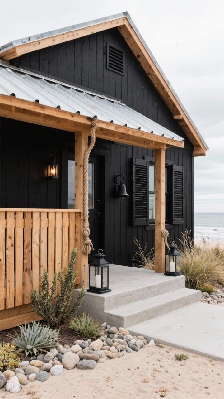 Medium coastal-front elevation of a black barn with breezy cedar accents: black fiber-cement lap siding, natural cedar soffits, cedar-slatted privacy screen wrapping the porch; decorative black louvered shutters on windows; poured concrete front steps flanked by smooth beach pebbles; galvanized standing-seam roof catching soft seaside light; rope-handled lanterns and a matte black house bell by the entry; landscaping of coastal grasses, rosemary, and salt-tolerant succulents; palette of black, honey cedar, and galvanized silver; bright overcast coastal lighting.