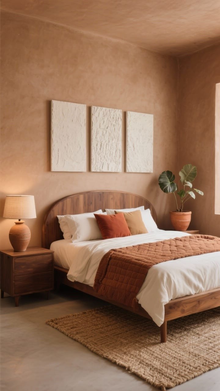 Medium corner angle: “Clay & Cocoa Sanctuary” focusing on warm clay walls and a cocoa-stained wood bed with rounded corners. Bedding layered with ecru linen sheets, a cinnamon-toned quilt, and camel and rust pillows for depth. On sleek walnut nightstands, ceramic table lamps with linen shades cast a gentle, warm glow. Above the bed, a trio of textural monochrome ivory canvases breaks up color without noise. Terracotta planters hold a leafy plant for movement. A handwoven jute rug anchors the bed. Palette: clay, cocoa, camel, rust, ivory. Soft, warm ambient lighting; photorealistic.