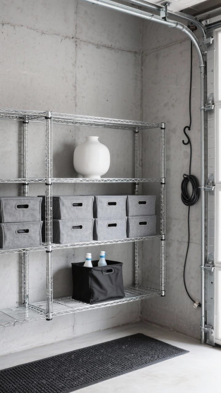 Medium corner angle — Industrial minimal garage shelving: polished chrome steel wire shelves set against a concrete-gray wall, arranged in a tidy, intentional grid. Stackable gray fabric boxes with tab pulls occupy most shelves; a single low-profile black tote sits on the bottom shelf for liquids/cleaners. Up top, one sculptural white ceramic vessel provides a gallery-like focal point. Minimal black S-hooks hold a single coiled extension cord per section. A thin black utility mat runs along the floor, grounding the verticals. Color story restricted to gray, chrome, black, and crisp white. Soft, even daylight with subtle concrete texture visible. Photorealistic.