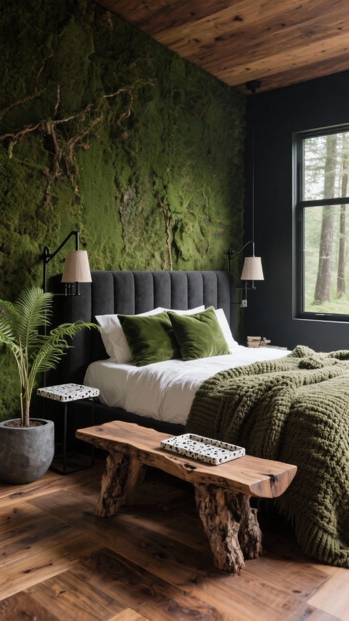 Medium corner angle of a modern forest retreat bedroom featuring an olive-moss accent wall behind a charcoal upholstered bed and warm walnut wide-plank floors. Layered forest textures: chunky knit throw, green velvet pillows, speckled terrazzo bedside tray. A live-edge bench at the foot of the bed, black metal swing-arm sconces with linen shades, and a tall fern in a matte stone planter. Palette of moss, charcoal, bark brown, and cream. Moody yet fresh lighting, window hinting at crisp forest air.