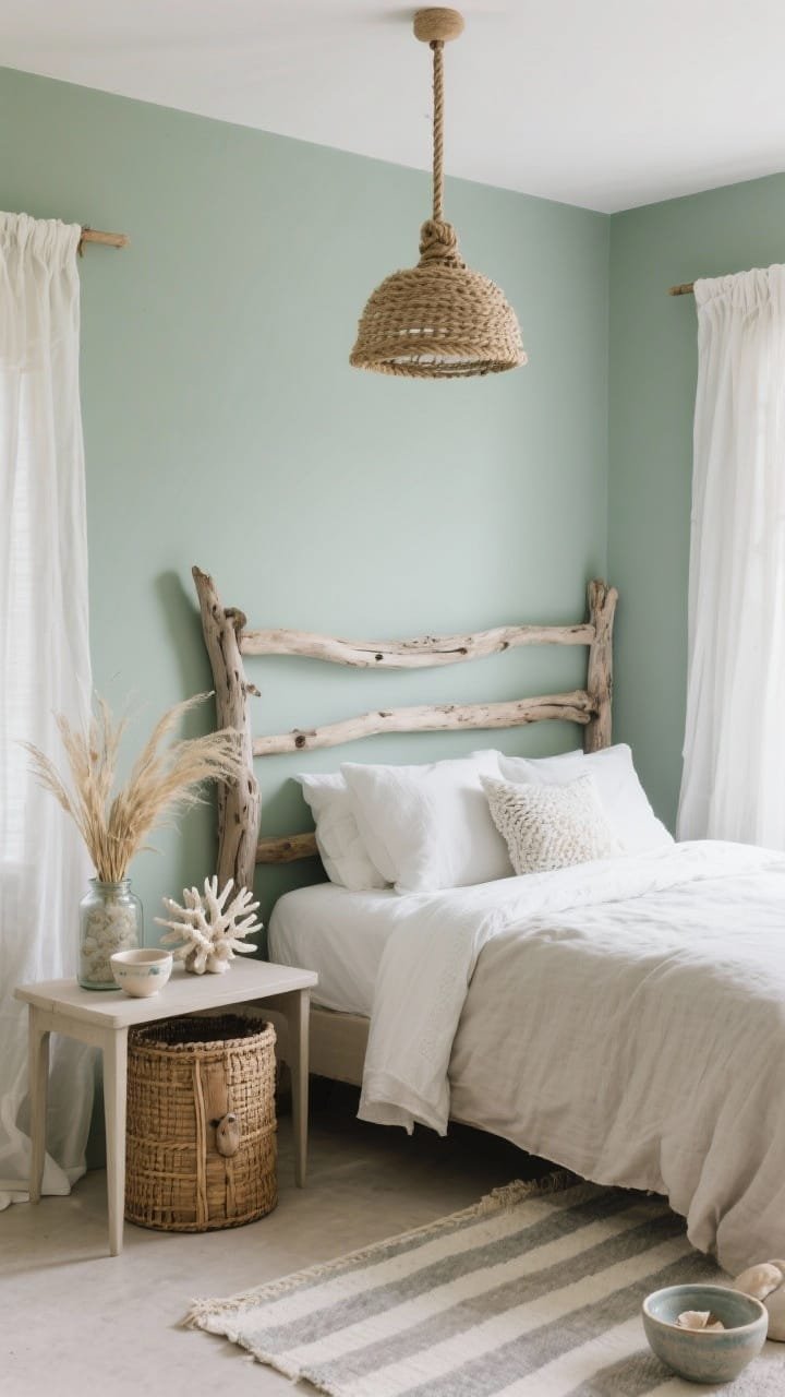 Medium corner angle of an earthy coastal bedroom with soft sea-clay green walls and a driftwood headboard, everything in linen. Gauzy white curtains slightly puddling, a woven seagrass trunk at the bed’s foot, and a pale sun-faded striped rug. Decor includes ceramic bowls, a small ceramic coral-inspired sculpture, and beach grass in a jar on a simple nightstand. Rope-wrapped pendant light overhead. Palette of seafoam, driftwood, shell white, and pebble gray. Fresh, breezy, quiet mood with diffuse daylight.