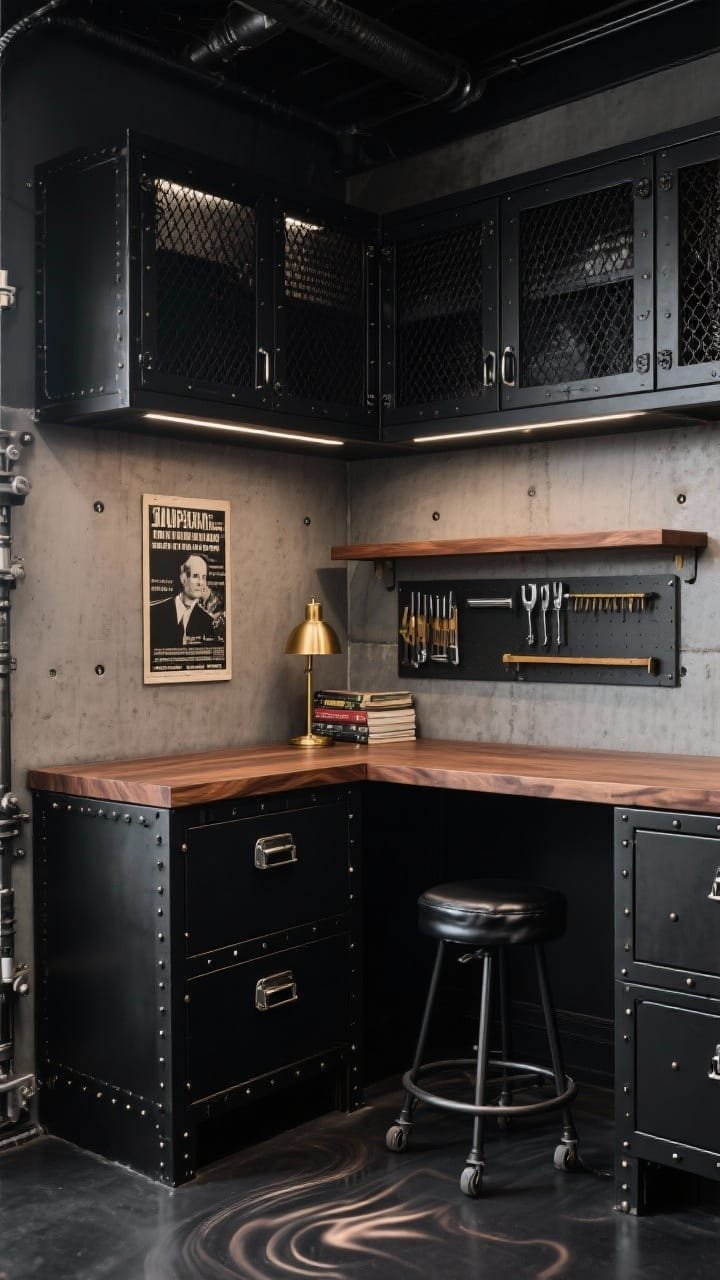Medium corner angle of an industrial luxe garage setup: powder-coated black steel base cabinets with industrial latches and exposed rivet trim on corners, topped by a rich walnut slab countertop. Behind, a concrete panel backsplash with exposed bolt details; overhead, black-framed mesh-door cabinets allowing light through. A single open shelf runs the length of the wall styled with a black-and-white vintage poster, a small brass lamp, and neatly stacked shop manuals. Magnetic tool strip mounted nearby; low-profile rolling stool in black leather tucked under the counter. Floor is charcoal epoxy with a subtle metallic swirl. Moody, dramatic lighting emphasizing black, walnut brown, charcoal gray, and brass accents. Photorealistic, no people.