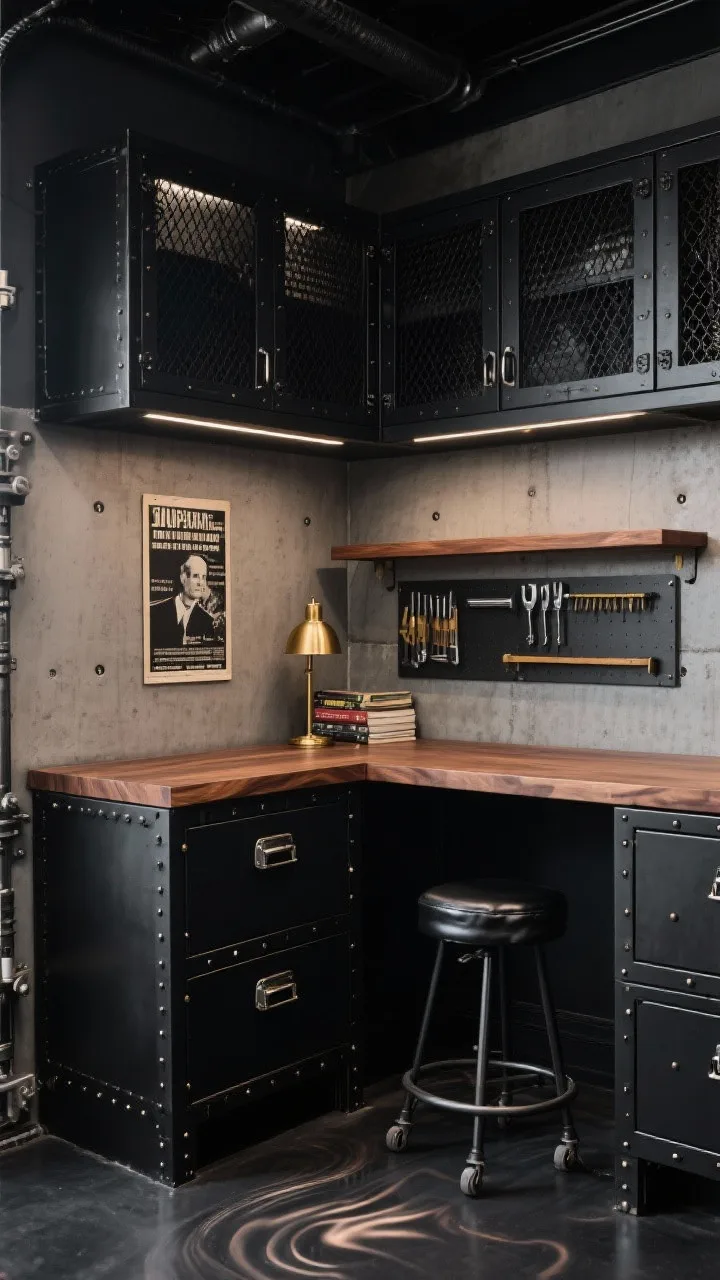 Medium corner angle of an industrial luxe garage setup: powder-coated black steel base cabinets with industrial latches and exposed rivet trim on corners, topped by a rich walnut slab countertop. Behind, a concrete panel backsplash with exposed bolt details; overhead, black-framed mesh-door cabinets allowing light through. A single open shelf runs the length of the wall styled with a black-and-white vintage poster, a small brass lamp, and neatly stacked shop manuals. Magnetic tool strip mounted nearby; low-profile rolling stool in black leather tucked under the counter. Floor is charcoal epoxy with a subtle metallic swirl. Moody, dramatic lighting emphasizing black, walnut brown, charcoal gray, and brass accents. Photorealistic, no people.