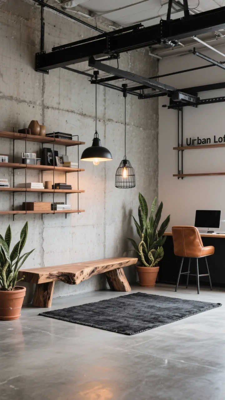 Medium corner angle of an &ldquo;Urban Loft Garage&rdquo;: polished concrete floor, one exposed concrete (or faux-concrete) accent wall, warm walnut modular shelving with neatly arranged items, a live-edge wood bench beneath black cage pendant lights (warm 2700K bulbs), black steel overhead storage rack floating above, soft caramel leather stool at the work zone, charcoal area rug defining a small lounge corner, terracotta planters with snake plants adding a subtle color pop; industrial yet cozy, studio vibe.