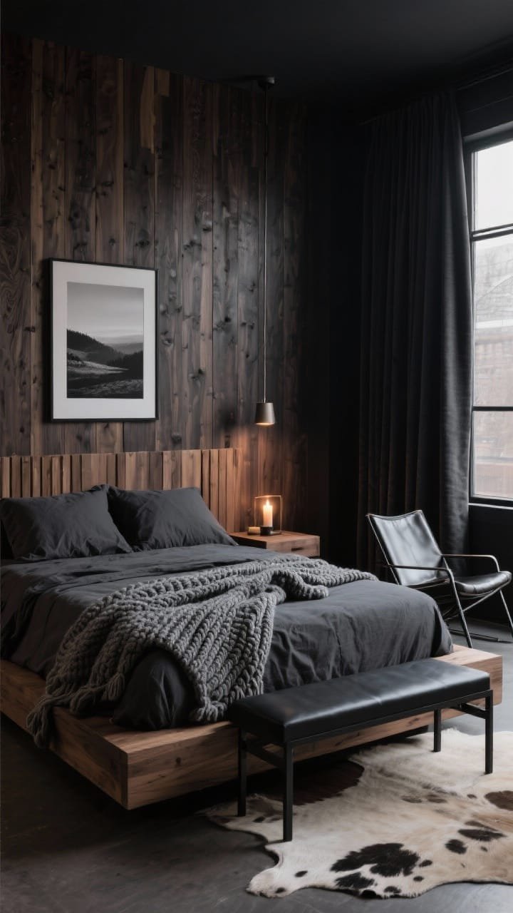 Medium corner angle, Urban Chalet With Smoked Wood & Knit Layers: a dramatic bedroom vignette centered on a floor-to-ceiling smoked oak slat headboard wall. The bed is layered with charcoal linen sheets, a heather-gray knit blanket, and an oversized chunky fisherman throw at the foot. Floating wood nightstands integrated into the slat wall; a slim linear pendant hangs over one side while a warm candle-glow bedside lamp sits on the other. A blackened steel bench at the foot, a leather sling chair to the side, charcoal velvet blackout curtains framing the window, and a natural cowhide rug on the floor. A framed black-and-white landscape above the bed. Palette: deep charcoal, smoked oak, graphite, bone. Moody evening lighting, photorealistic.