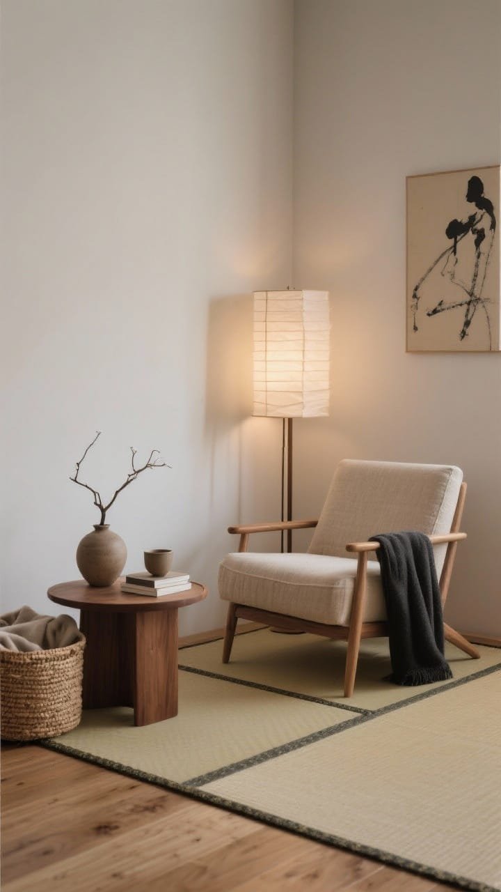 Medium corner shot, photorealistic Japandi “Low-Lounge Tatami Corner With Paper Glow”: a natural tatami mat layered over pale oak flooring; a low armless lounge chair in textured beige linen with a gentle recline; behind it, a slim shoji-style floor lamp casting a soft, paper-filtered glow; a small walnut tea table with rounded edges holding a hand-thrown stoneware vase with a single branch, a ceramic cup, and a small book stack; airy palette of ivory, sand, and warm wood with one inky accent—a charcoal throw over the chair arm; decor includes a woven jute basket for blankets and a simple ink-brush print on the wall; textures emphasized: linen, tatami, paper, smooth glazed clay; lighting kept dim and diffused, calm, meditative mood; no people, clutter-free.
