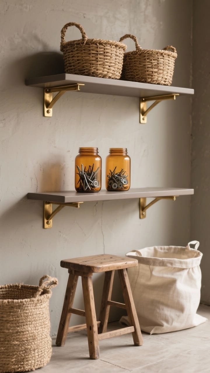 Medium detail shot — Warm utility loft vignette: taupe laminate shelves on brushed brass brackets mounted to a greige wall, showcasing earthy, minimalist styling. Identical natural woven baskets line the shelf; two amber glass jars hold nails and washers, catching warm light. Below, a folding wood stool tucks under the lowest shelf, and an oversized linen storage bag rests on the floor. Palette is greige, taupe, brass, and natural fibers for calm cohesion. Soft, warm lighting emphasizes textures of brass, weave, and linen. Photorealistic with subtle shadows and material richness.