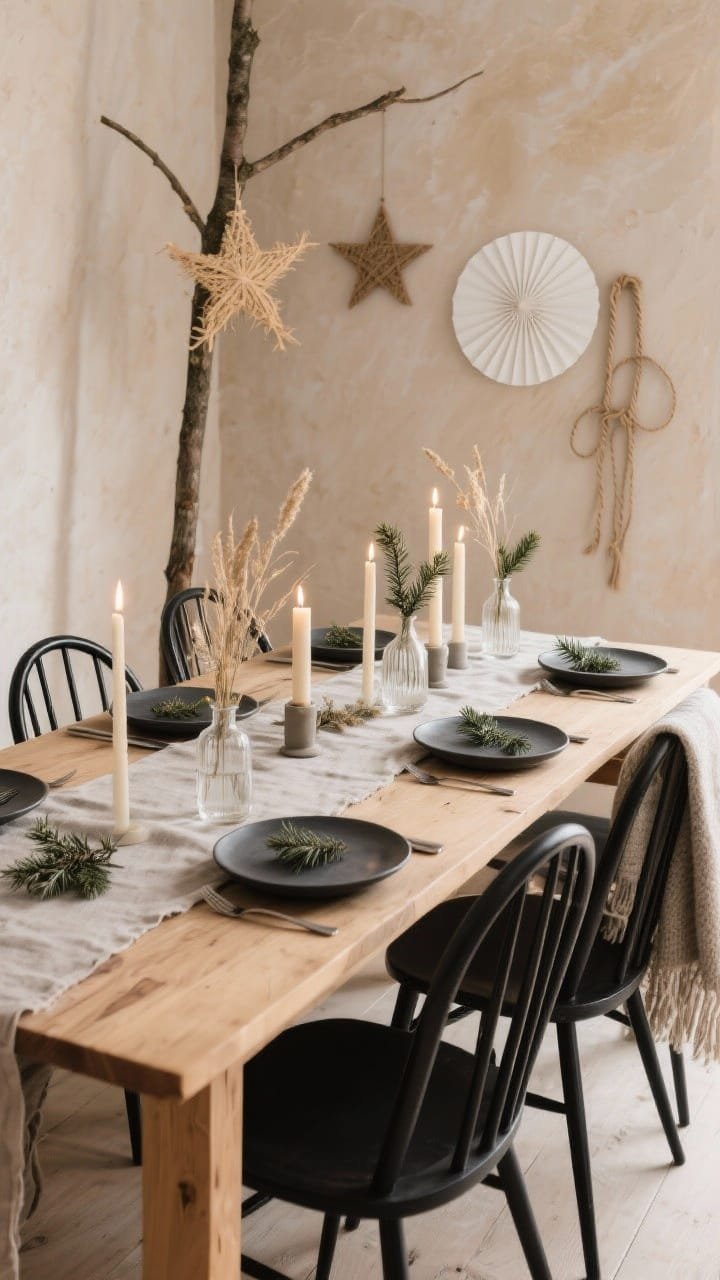 Medium dining scene, straight-on: A serene Nordic dining room with warm sandstone walls, a natural oak table, and mixed black wishbone chairs. Tablescape includes a natural linen runner, warm gray stoneware plates, matte black flatware, and a minimalist line of vintage glass bud vases holding foraged evergreen tips and dried grasses, with low pillar candles in varied heights for soft ambient glow. In the background, a simple tree with straw star ornaments, white paper fans, and twine; thin wool throws draped over chair backs, each place setting with a juniper sprig tucked into a napkin. Palette of sandstone, warm oak, bone, soft gray, matte black; textures of linen, stoneware, raw wood, and paper; calm daylight with candle warmth; no people; photorealistic.