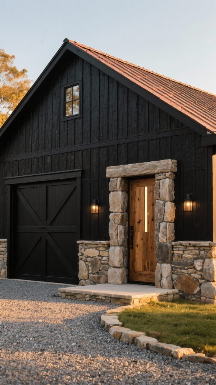 Medium entry shot of a black barn grounded by a rugged fieldstone plinth: vertical black siding above a stacked fieldstone base; matte black standing seam roof capped with a subtle copper ridge that catches warm light; chunky stone pillars framing a solid oak door with a narrow sidelight; linear up/down lights washing the stone to create depth; black carriage-style garage door with cross-brace detailing nearby; crushed granite drive with stone edging; golden-hour photorealism.