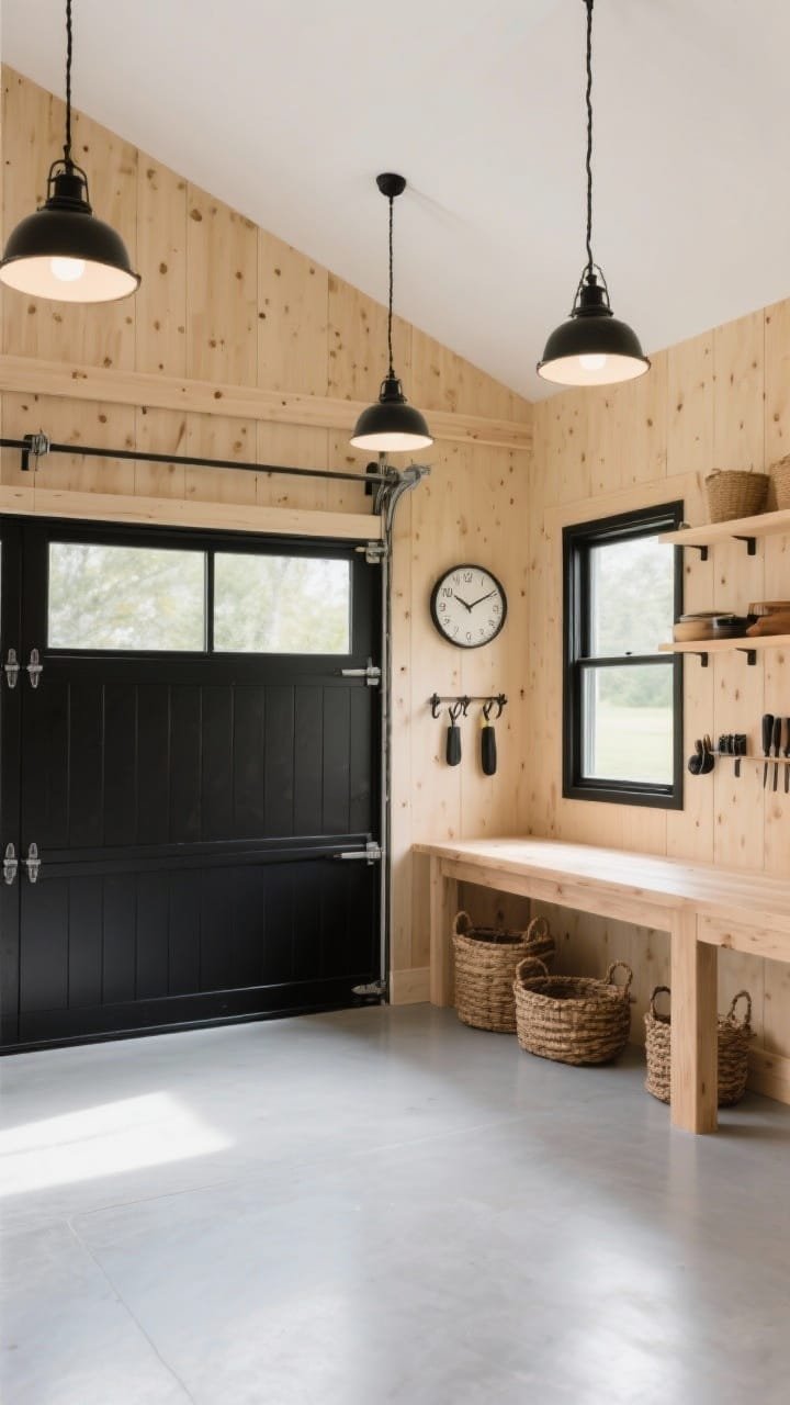 Medium interior shot of a Scandinavian-inspired barn garage: exterior glimpsed via a flat black garage door with no visible hardware; interior wrapped in blonde plywood wall panels, pale oak shelving, and a light ash workbench arranged minimally so tools appear curated; a single offset picture window with a deep black frame pouring in daylight; pale gray microtopping floor for a seamless gallery-like surface; decor touches include woven baskets, matte black hooks, and one oversized wall clock; warm 2700K pendant lights with simple black cords; calm, soft, natural light; photorealistic.