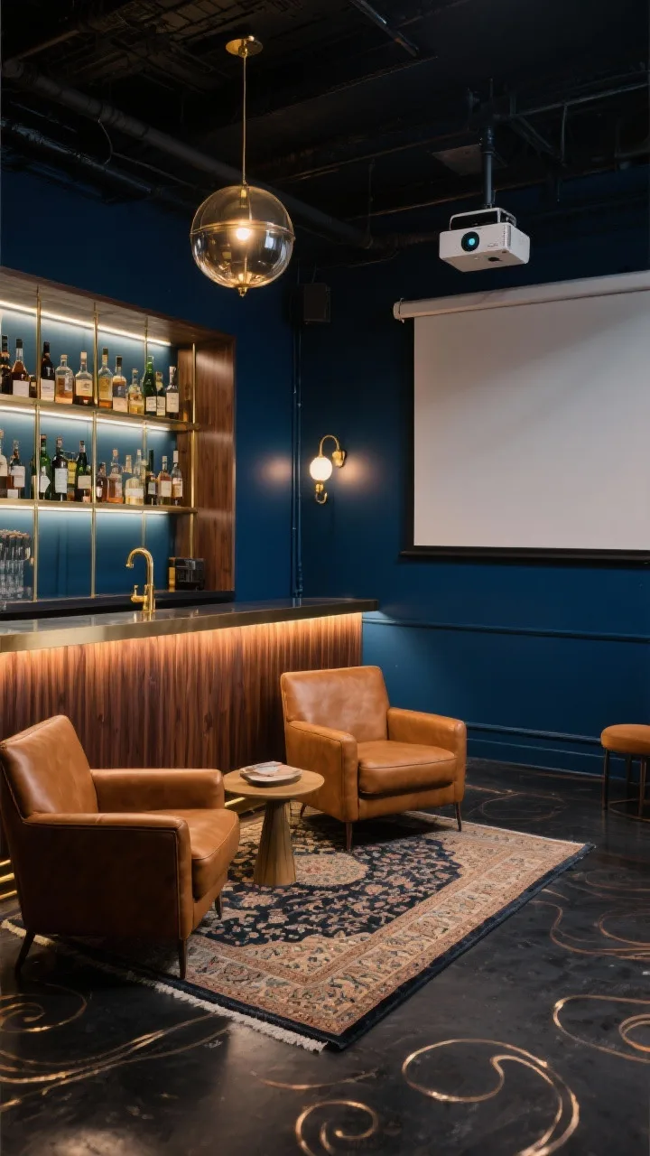 Medium lounge vignette of the &ldquo;Social Speakeasy&rdquo; garage: moody inky blue walls, warm walnut slimline bar with fluted wood front and backlit glass shelves showcasing bottles, brass accents on hardware and sconces, charcoal epoxy floor with subtle metallic swirl, low cognac leather club chairs flanking a small side table, Persian-style rug grounding the seating, compact projector aimed at a pull-down screen, dimmable sconce glow plus a statement globe pendant and soft under-bar LEDs; retro, intimate, glamorous.