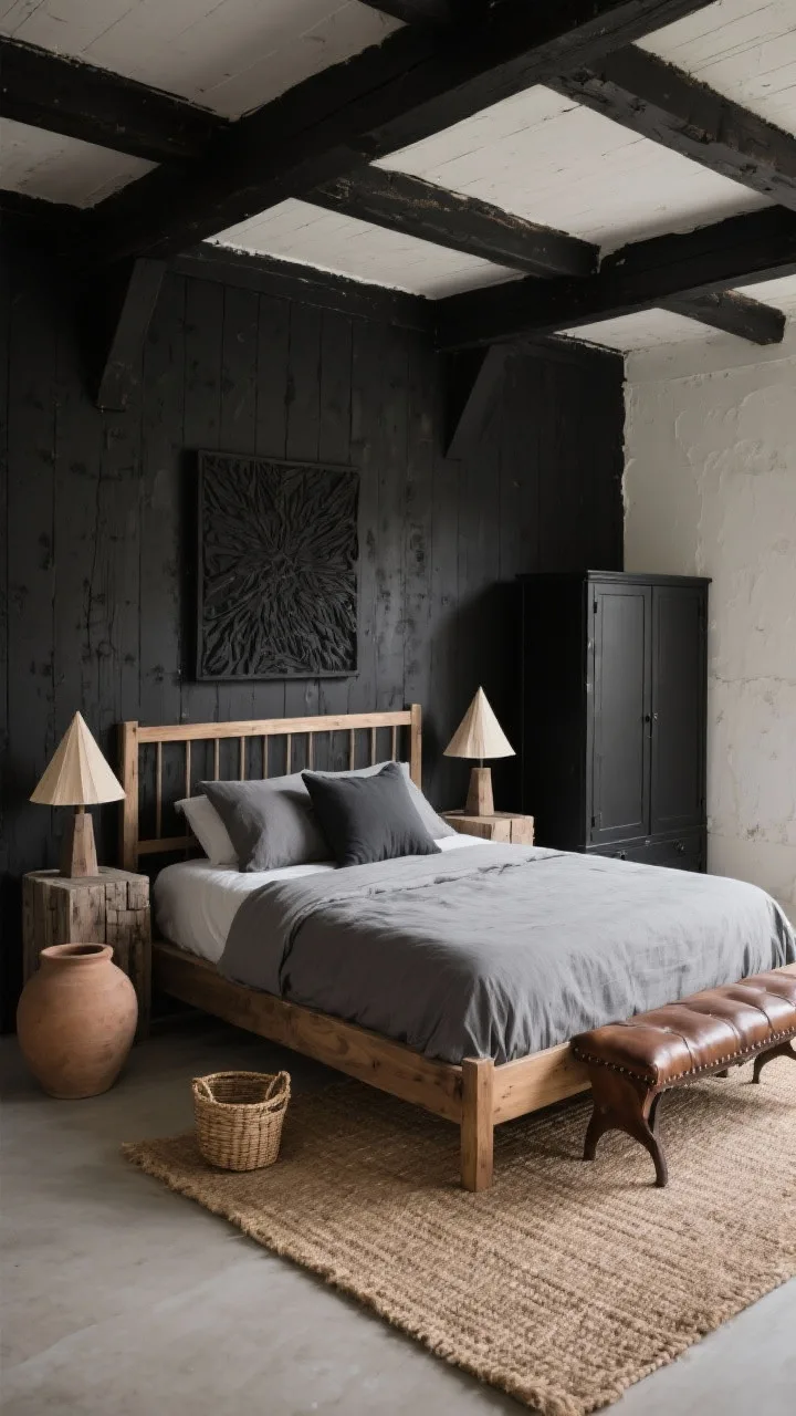 Medium shot, angled from the foot of the bed: Textured noir farmhouse minimal bedroom with black-stained barn beams, a limewash black feature wall, and a natural jute rug. The bed is a solid ash wood frame with a simple rail headboard, dressed in stone-gray linen bedding and a single oversized charcoal euro pillow. Rough-hewn wood block nightstands hold cone-shaped paper shades casting soft, diffused light. A slim black armoire stands to the side; a saddle leather bench sits at the foot of the bed. Accents include an oversized clay urn on the floor and a woven wall basket. A black-on-black relief panel provides tactile, quiet art. Palette: ink black, stone gray, natural jute, warm ash. Photorealistic, restrained and rustic.