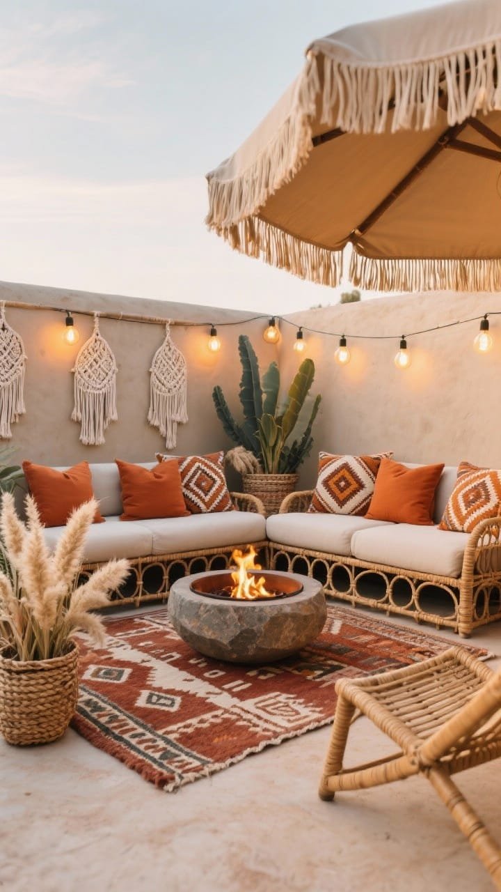 Medium shot, Boho Desert Retreat: A rattan-style outdoor sectional layered with terracotta throw pillows featuring geometric patterns; a round faux-stone fire bowl flickering as the focal point; tribal-print outdoor rug in rust and cream beneath; macramé hanging planters and pampas grass in woven baskets around the edges; string lights with oversized bulbs casting golden-hour warmth; palette of terracotta, sand, sage, charcoal; weathered-look wicker and a low sling chair peeking in frame; a boho fringe umbrella providing shade; angled corner perspective for cozy depth.
