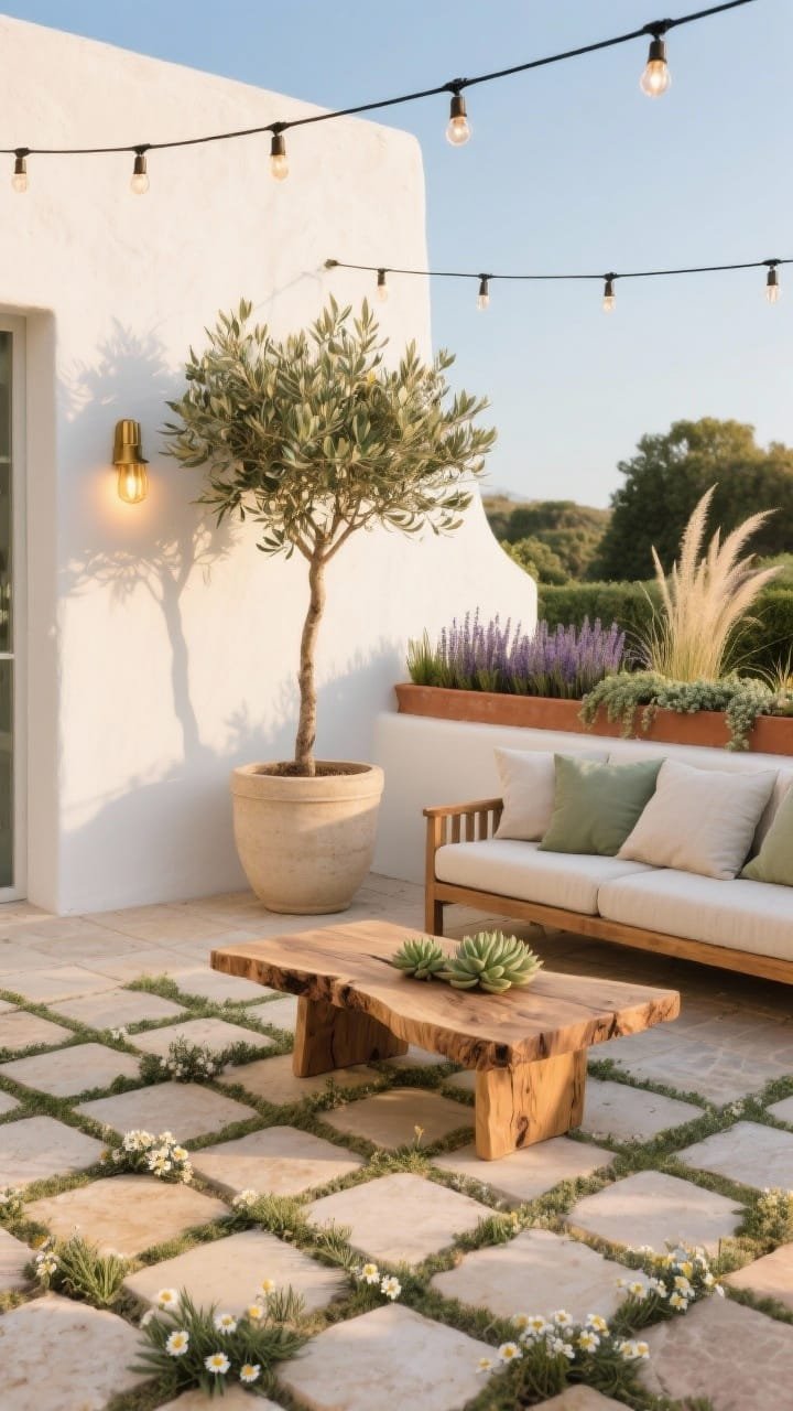 Medium shot, corner angle: A sun-washed Mediterranean terrace with large-format limestone pavers in a tight grid, thyme and creeping chamomile softening the joints. Against a white stucco wall, a slim olive tree in a sand-colored planter is uplighted with warm brass lights; black catenary string lights overhead. A refined, low olive-wood coffee table with live edges sits before a clean-lined teak sofa topped with linen cushions in stone and sage. A narrow terracotta trough along the terrace edge holds staggered succulents; rosemary standards, lavender hedging, feather reed grass, and trailing dichondra add texture. Palette of bone white, sand, sage, sun-touched bronze, in golden late-afternoon light.