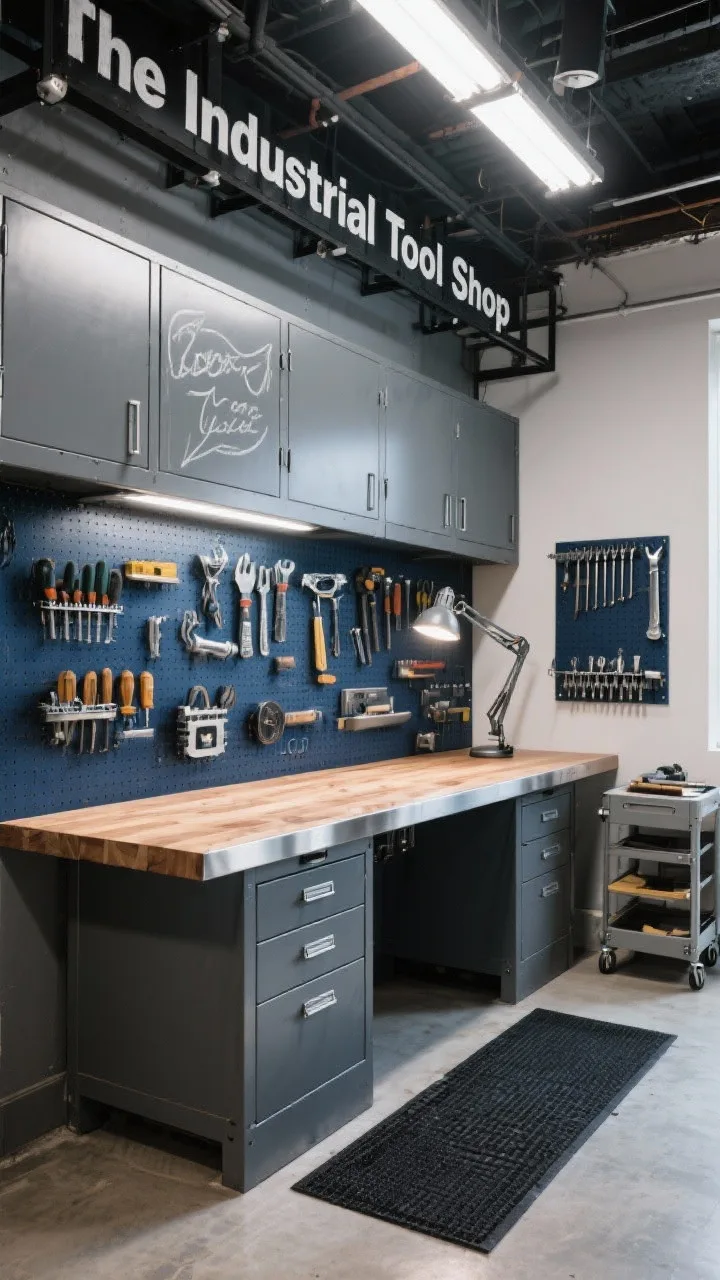 Medium shot, corner angle of “The Industrial Tool Shop”: a 72-inch stainless steel workbench with butcher-block top, deep navy full-width pegboard above with hand tools arranged and outlined in chalk/paint pen, graphite powder-coated steel cabinets with soft-close drawers, overhead ceiling-mounted racks labeled in bold white stencil font, bright LED shop lights and a pivoting task lamp illuminating the surface, a rolling cart for in-progress projects, a magnetic strip holding metal tools, and a black rubber runner on the floor. Urban workshop vibe, crisp photorealistic lighting; no people.