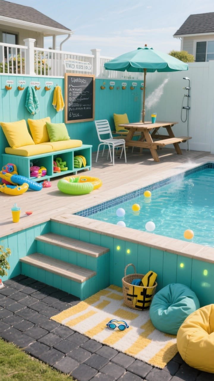 Medium shot, daytime: Family-friendly fun zone featuring rubber paver mats around an above-ground pool and a low wraparound platform of painted marine-grade plywood in a cohesive finish. A wide entry platform with non-slip steps and storage benches for toys, floats, and life vests. Cheerful palette of aqua, sunshine yellow, and lime across cushions and accents. Practical features: clip-on drink holders along the rail, labeled towel hooks, and a chalkboard with pool rules. Seating includes stackable chairs, a picnic table with an umbrella, and beanbags on a deck rug. Extras: floating LED balls visible in the water and a waterproof basket for goggles. Misting line along the rail and a simple outdoor shower riser nearby. No people, photorealistic.