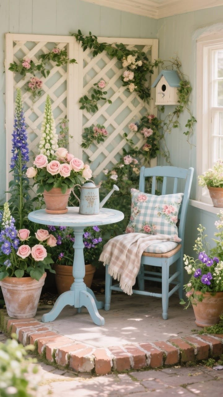 Medium shot, English Cottage Nook: a pastel palette vignette featuring a dusty-blue painted wood chair beside a petite round pedestal table, surrounded by generous potted blooms—roses in large pots, tall foxglove/delphinium—plus violas, sweet peas, and trailing ivy spilling over; a cream-painted lattice trellis as floral backdrop, floral cushions on the chair, a gingham throw draped, a vintage watering can repurposed as planter and a birdhouse accent; base edged with brick pavers/scalloped edging; soft morning light, photorealistic, corner angle for storybook charm.