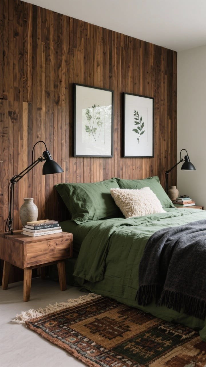 Medium shot from a corner angle: A bedroom featuring a vertical walnut slat feature wall behind the bed, with deep moss green linen bedding and a charcoal wool blanket folded at the foot. Black metal swing-arm lamps mounted above chunky wood nightstands, each styled with a stoneware vase and a stack of trail books. On the opposite wall in the frame, two black-framed minimalist botanical prints spaced evenly. A muted green-and-brown flatweave kilim rug peeks from under the bed. Textures include a nubby cream throw and a wool pillow. Lighting is soft, natural daylight with calm, forest-retreat ambience.
