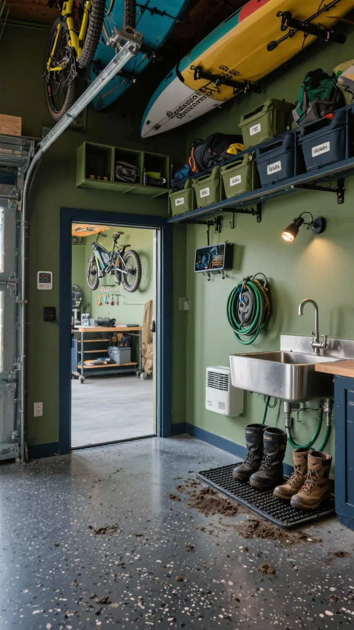 Medium shot from a doorway perspective of the &ldquo;Adventure Basecamp&rdquo;: speckled graphite polyaspartic floors, walls painted olive green (with hints of deep navy accents), industrial gear rails loaded with bikes, surfboards, kayak mounts, and labeled camping bins, rubberized boot tray zone with mud-splattered boots near the door, overhead cubbies for grab-and-go gear, stainless utility sink and wall-mounted hose reel nearby, compact dehumidifier in the corner, adjustable task spotlights pivoted toward a tuning area; rugged, organized, ready.