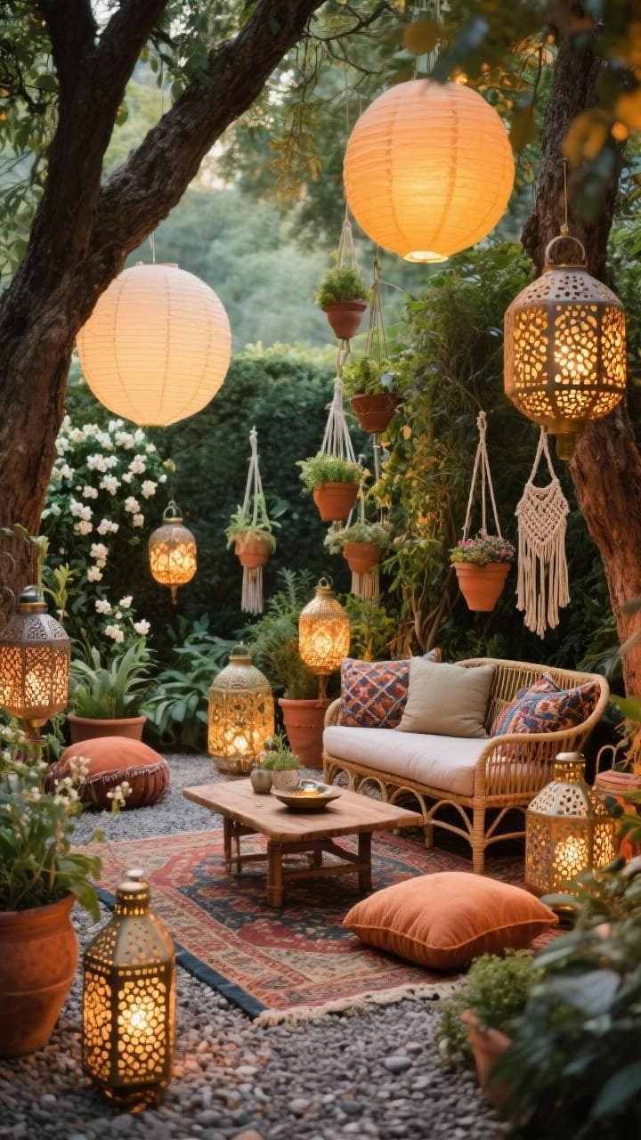 Medium shot from a low angle into lush planting beds: Boho garden with layered lanterns. Moroccan-inspired perforated metal cutout lanterns scatter lace-like light patterns across gravel paths; oversized solar paper lanterns hang between two mature trees, creating a glowing canopy. A vintage rug under a low acacia coffee table; pillowy floor cushions, a rattan loveseat, mismatched lantern heights clustered for a collected look. Macramé hanging planters, patterned textiles, clay pots, climbing jasmine. Palette of terracotta, saffron, sage, warm brass. Romantic, a little wild, photorealistic, no people.