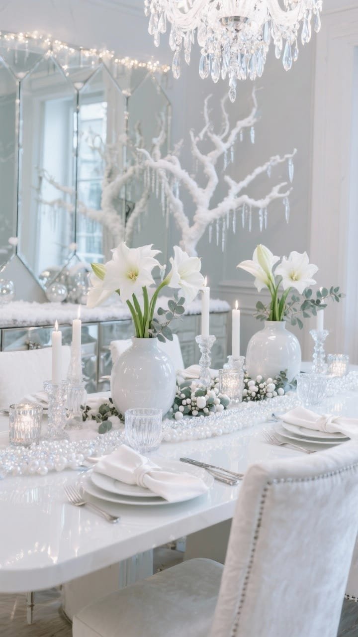 Medium shot, Glam Ice Palace Dining Room: A high-gloss white dining table with winter-white velvet slipcovered chairs, silky white table runner cascading with crystal garlands; centerpiece cluster of white amaryllis in glossy ceramic vases with frosted eucalyptus and pearlescent berries, lucite candleholders and mercury glass votives adding reflective sparkle; in the background, oversized mirrored panels on pale walls amplify the glow, a sculptural white branch arrangement in a tall vase dusted with faux snow, hung with glass icicles; bone-white plates with transparent chargers, matte white flatware, linen napkins tied with white satin ribbon; a dimmed crystal chandelier above with twinkling string lights along a buffet; elegant, shimmering, straight-on perspective.