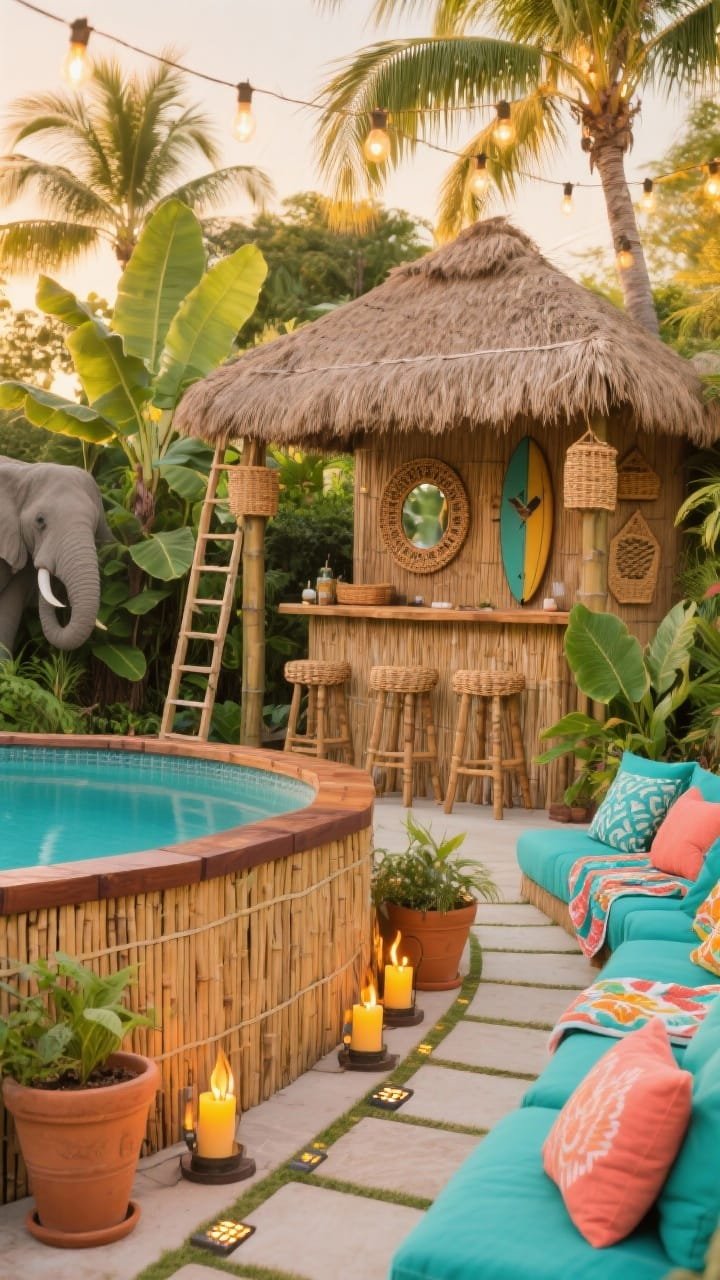 Medium shot, golden hour: A tropical tiki retreat around an above-ground pool clad in bamboo/reed fencing with a stained wood trim cap. A freestanding tiki bar with a thatched roof and bar stools sits nearby. Lush greenery surrounds: elephant ears and palms in terracotta pots; citronella torches clustered near the path. Color pops: turquoise cushions, coral throw pillows, bright patterned towels. Warm tiki string lights overhead and solar path markers leading to the ladder. Decor touches: rattan mirror, woven baskets for storage, surfboard-style wall art. No people, photorealistic.