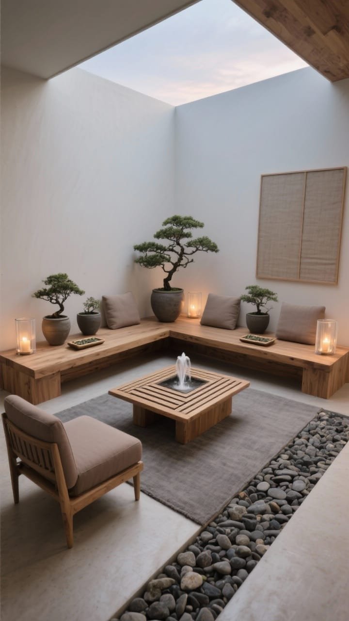 Medium shot, Japandi Zen Nook: A serene corner with a low platform-style acacia bench and boxy lounge chairs in taupe; a rectangular slatted wood coffee table on a stone-gray rug; tabletop water fountain gently flowing beside pebble-filled trays; matte ceramic bonsai planters arranged symmetrically; palette of taupe, mushroom, charcoal, off-white; wood, stone, ceramic, linen textures; battery tea lights in frosted glass hurricanes casting soft, meditative glow at dusk; angled perspective emphasizing calm symmetry.
