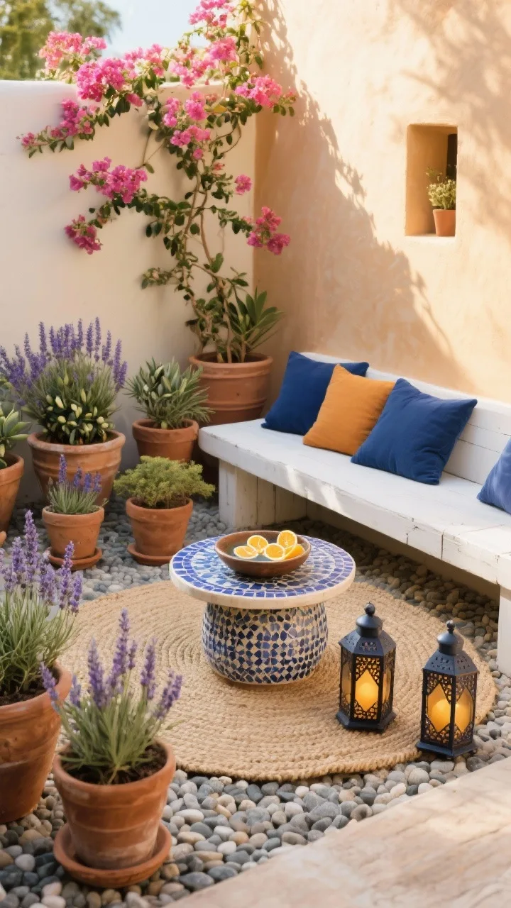 Medium shot, Mediterranean Micro-Oasis: a pea gravel floor with clustered terracotta pots in varying heights planted with lavender, olive, and rosemary, a whitewashed bench topped with indigo and ochre cushions, a round mosaic side table and a pair of Moroccan lanterns, a small water bowl with floating citrus slices as a focal point, a woven jute mat underfoot and a trailing bougainvillea against a warm, sunlit wall; photorealistic, side-angle perspective with sun-baked neutrals, deep blues, natural wood, and golden afternoon light.
