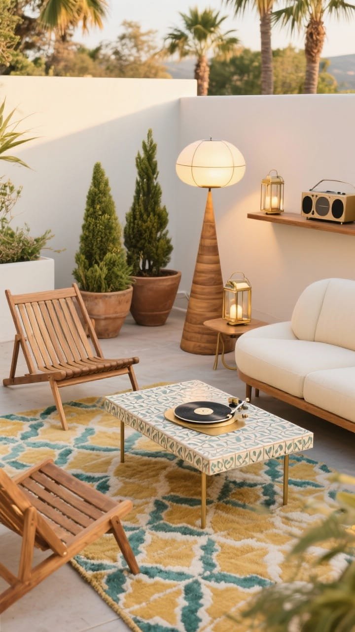 Medium shot, Mid-Century Terrace: Palm Springs vibe featuring acacia slat lounge chairs with tapered legs and a rounded-edge outdoor sofa in cream; a retro patterned rug in mustard, teal, and ivory; cone-shaped planters with sculptural greenery; a sculptural globe floor lamp (outdoor-rated) glowing softly; tile-top coffee table with subtle vintage motif; brushed brass-look details on lanterns nearby; a portable Bluetooth turntable-style speaker on a side shelf; warm, late-afternoon light, slightly low-angle perspective.
