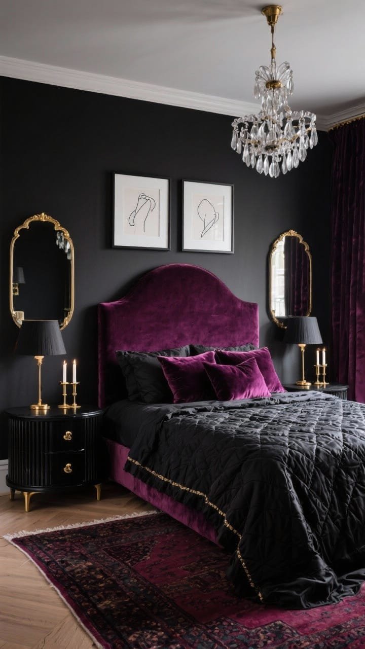 Medium shot, slightly off-center: A moody, romantic bedroom with black plum walls and a merlot curved velvet headboard framed by black fluted nightstands with gold pulls. The bed is layered with crushed velvet pillows, a matelassé coverlet, and a satin-trim duvet in blackberry. Arched gilt mirrors hang behind each nightstand, reflecting the warm shimmer of a smoked-crystal chandelier on a dimmer and slim candlestick lamps with silk shades. Modern line drawings in black frames add edge, while a black-and-wine vintage rug softens the floor. Black taper candles in brass holders and a velvet privacy curtain over blackout drapes complete the scene. Photorealistic, no people.