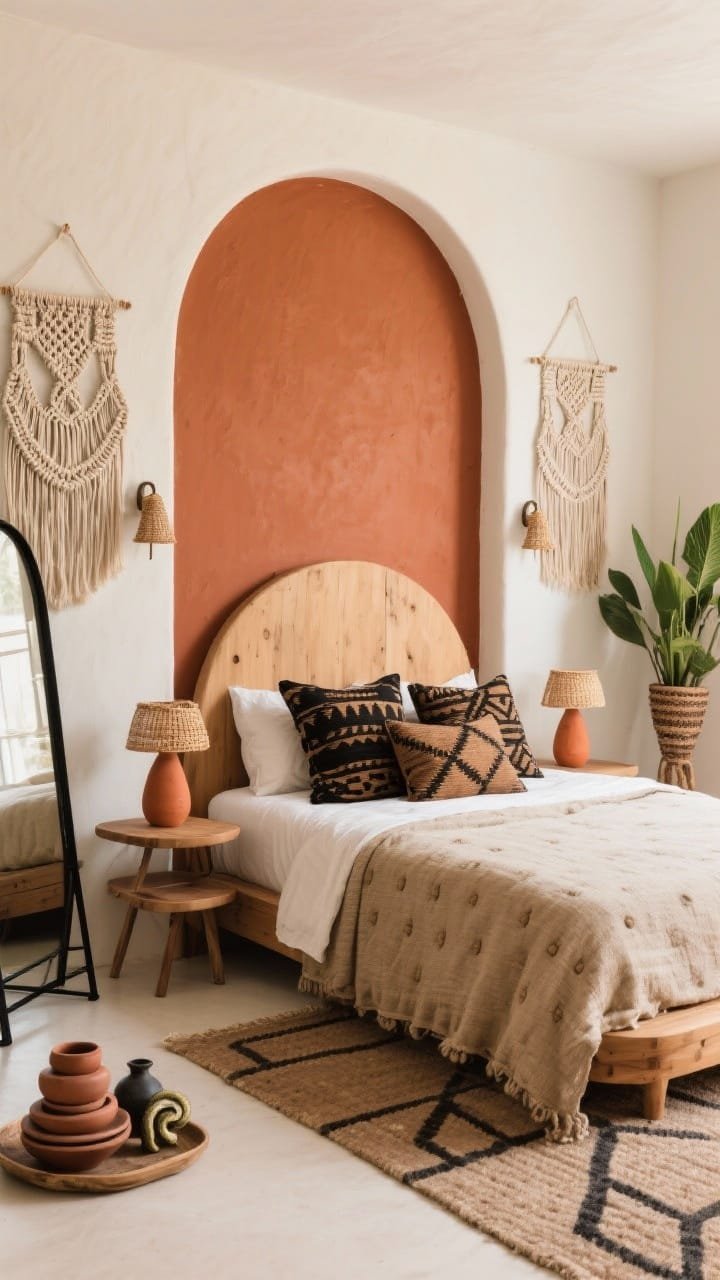 Medium shot, straight-on: A bold clay-toned painted arch acting as a faux headboard on a wall otherwise warm creamy white. Bed layered with patterned mudcloth pillows in earthy blacks and tans, plus a textured beige coverlet. Flanking the arch: handwoven wall hangings/macramé panels for added dimension. Rounded-edge wood bed with nesting side tables holding small terracotta table lamps or woven sconces mounted nearby. On the floor, a hand-tufted rug with simple geometric lines in taupe and charcoal; a black metal floor mirror leans in the corner; a tray with stacked pottery and a potted snake plant add sculptural greenery. Earthy, artsy, cozy; soft, diffused lighting.