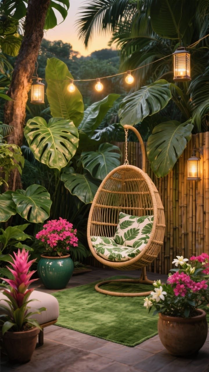 Medium shot, Tropical Treetop Escape: lush oversized leaves filling the frame—monstera, palms, philodendron—in glossy ceramic pots, a bamboo privacy screen creating an intimate backdrop; a rattan egg chair suspended with leaf-print cushions, a green outdoor rug grounding the scene; warm globe lights strung overhead with a couple of solar lanterns adding glow; pops of hot pink bougainvillea/bromeliads and fragrant gardenia or jasmine pots near seating; photorealistic, evening golden-hour lighting, straight-on view emphasizing dense jungle feel.