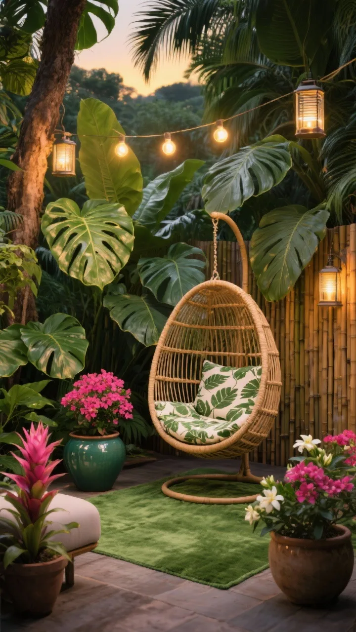 Medium shot, Tropical Treetop Escape: lush oversized leaves filling the frame&mdash;monstera, palms, philodendron&mdash;in glossy ceramic pots, a bamboo privacy screen creating an intimate backdrop; a rattan egg chair suspended with leaf-print cushions, a green outdoor rug grounding the scene; warm globe lights strung overhead with a couple of solar lanterns adding glow; pops of hot pink bougainvillea/bromeliads and fragrant gardenia or jasmine pots near seating; photorealistic, evening golden-hour lighting, straight-on view emphasizing dense jungle feel.