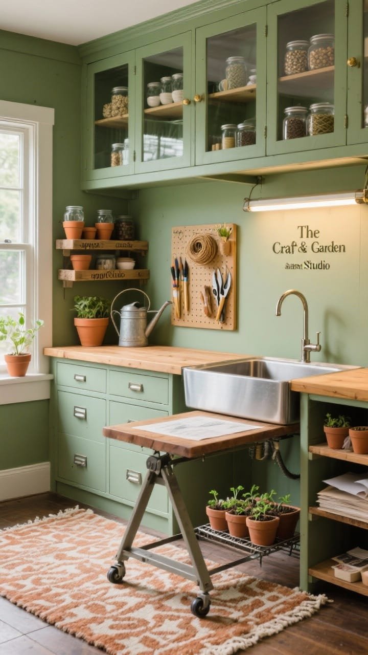 Medium shot, work-surface focus of “The Craft & Garden Studio”: sage green back wall with a warm wood potting bench centered; above, glass-front cabinets showing seed jars and ribbon spools; below, deep drawers for soil and craft paper; rustic open shelving styled with terracotta pots, labeled apothecary jars, and a vintage watering can; brass-framed pegboard holding shears, twine, and paintbrushes; a compact stainless utility sink with pull-down faucet; a patterned indoor/outdoor rug in muted terracotta and cream; a folding project table on casters tucked beneath; a grow-light bar over a narrow plant rack with seedlings. Cozy cottage-meets-studio mood, soft natural light; no people.