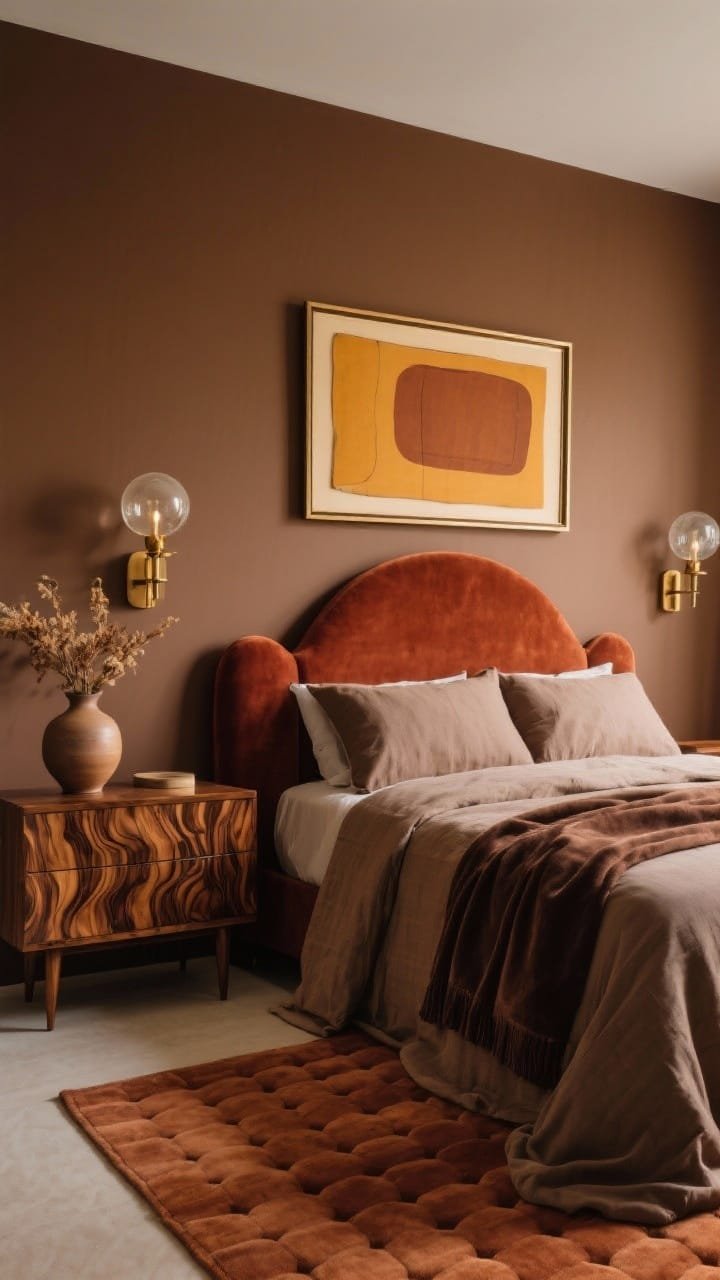 Medium, straight-on composition of an earth-toned Art Deco bedroom: mocha walls, rust velvet curved headboard, and a burl wood dresser showcasing wavy grain. Warm aged brass sconces with frosted globes flank the bed; a sculptural ceramic table lamp on a nightstand. Low hand-tufted rug in cinnamon and clay grounding the scene. Bed dressed in linen-cotton warm taupe with a chocolate velvet throw. Framed abstract art in ochre and sienna and a matte-glaze vase with dried florals. Moody, plush, photorealistic lighting.